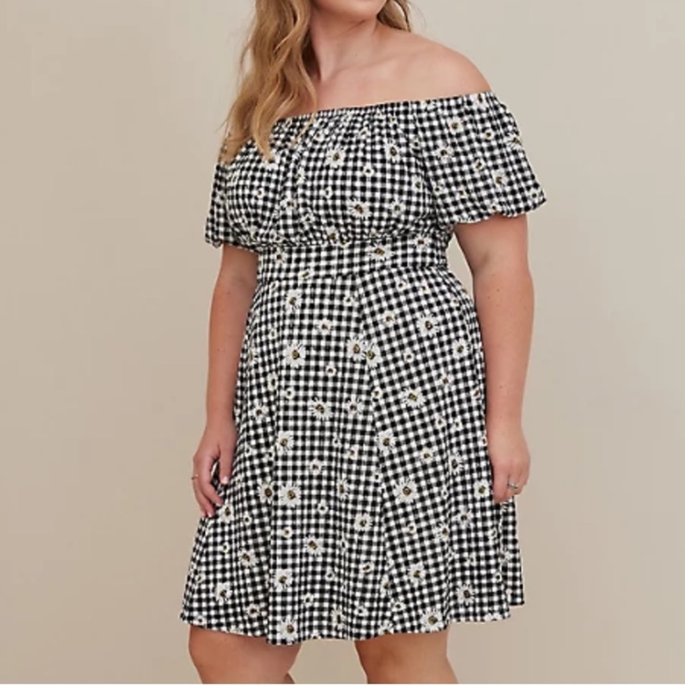NWT Torrid Black & White Plaid & Daisy Print Textured Mini Skater Dress - 3 | 3X